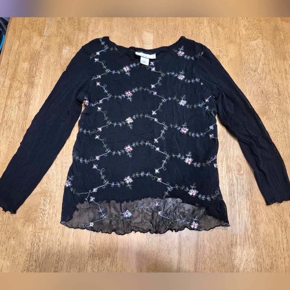 EUC Tiramisu Black Floral Embroidered Long Sleeve Sheer Y2K Top Blouse